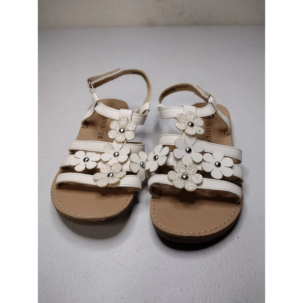 White Floral Glitter Strappy Sandals Kids Size 13 Hook and Loop Flat Shoes